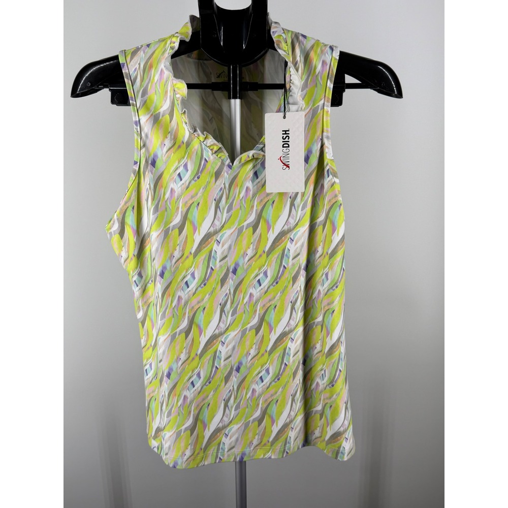 SwingDish Womens Sleeveless Golf Polo Top Ruffle V-Neck Lime Green Abstract S